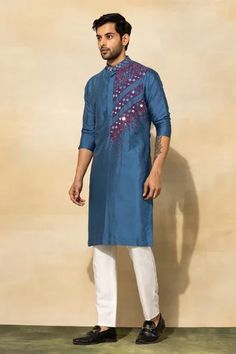 Shop for DiyaRajvvir Blue Cotton Embroidered Kurta Set for Men Online at Aza Fashions Indigo Kurta, Kurta Set For Men, Blue Kurta, Nehru Jackets, Thread Embroidery, Cotton Embroidery, Band Collar, Kurta Set, Mens Spring