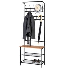 a coat rack with an umbrella, hat and jacket hanger on top of it