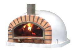 an outdoor brick pizza oven with flames coming from the front and side doors on both sides