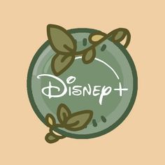 the logo for disney plus with leaves and branches on it's back side, in front of a beige background