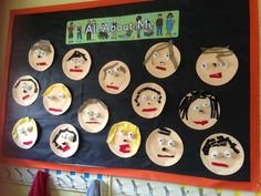 a bulletin board with many different faces on it