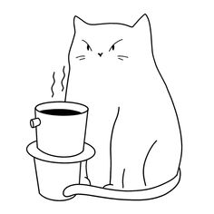 a black and white drawing of a cat sitting next to a coffee cup with steam coming out of it