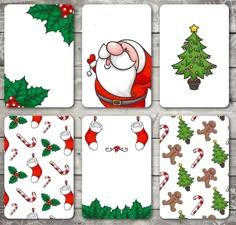 four christmas cards with santa claus, holly and snowflakes on white wood planks