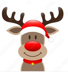 a reindeer with a red nose and santa's hat is shown in front of a white background