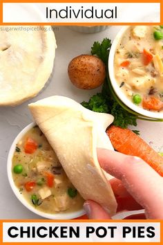 chicken pot pies in individual bowls with carrots and celery on the side