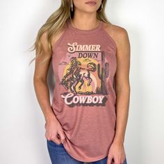 Simmer Down Cowboy High Neck Tank Blush Limeberry Designs Western Tops With Graphic Print For Summer, Western Style Graphic Print Tops For Summer, Western Style Graphic Print Summer Top, Summer Rodeo Graphic Print Tops, Summer Graphic Print Tops For Rodeo, Graphic Print Tops For Summer Rodeo, Fitted Tops For Rodeo In Summer, Casual Pink Tops For Rodeo, Fitted Sleeveless Top For Rodeo