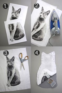 instructions for how to draw a cat on a t - shirt with scissors and glue