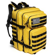 a yellow backpack with black straps and an american flag patch on the front, sitting against a white background