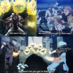 two anime scenes with one saying we won't let you get in their way