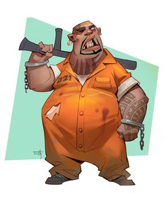 a cartoon character holding a baseball bat and wearing an orange shirt with chains around his neck