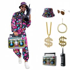 PRICES MAY VARY. 【80s Outfit for Men Include】We have two style sets for you to choose from. The 9Pcs/set includes: 1 * Jacket+1 * pant+1 * hat+1 * sunglass+1 * ring+1 * necklace+1 * bracelet+1 * inflatable radio+1 * inflatable cellular phone. Adequate accessories can meet your different needs. Very a complete clothing set to make you stand out from the crowd. 【90s Outfit for Men Design】The 80s and 90s Outfit for men features advanced 3D digital printing technology, with clear and funny printing Retro Day Outfits, Mens 80s Outfit, Mens 90s Outfits, 80s Outfit For Men, 90s Disco, 90s Tracksuit, Retro Tracksuit, Dance Costumes Hip Hop, Hip Hop Costumes