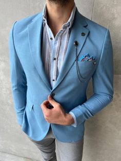 GentWith Pierre Slim Fit Notch Lapel Linen Blazer - Sky Blue Vetements Shirt, Slim Fit Blazer, Stylish Blazer, Dapper Style, Slim Fit Jackets, Slim Fit Blazers, Looking Dapper, Linen Jacket, Fitted Blazer