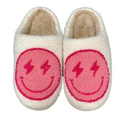 Light up your day with these HOT PINK AND BLUE LIGHTNING HAPPY SLIPPERS. These slippers are the perfect way to display your unique style. With a lightning bolt smiley face and two distinct colors - hot pink and blue - you're sure to find the perfect slipper that makes you smile. Let someone know that you light up their life with these adorable white and pink happy face slippers with lightning bolt eyes! With a warm, closed-toe design and tan interior to hide dirt. Wash warm Hang to dry Quality Y Happy Face Slippers, Julien Tanti, Blue Lightning, Comfy Slippers, Couple Shoes, Cute Slippers, Soft Slippers, Fuzzy Slippers, Designer Slippers