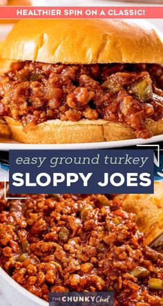 sloppy joes recipe with text overlay that reads easy ground turkey sloppy joes