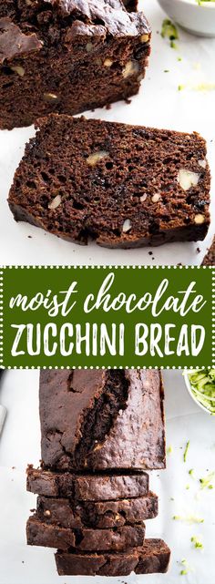 chocolate zucchini bread is cut in half and stacked on top of each other