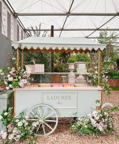 an ice cream cart with flowers and greenery on the side under a tented area