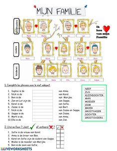 a family tree with many faces and hearts on the branches, including two men's heads