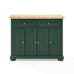 a green cabinet with two doors and three drawers on casteors, in front of a white background