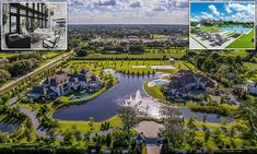 an aerial view of the property and surrounding water features several different views, including one with a fountain