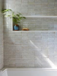 a white bath tub sitting under a window next to a shelf with a plant on it