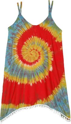 A very bright and vibrant red cotton dress with a nebula style red spiral in a yellow and blue backdrop tie-dye design and shoulder straps is stunning in looks and a must-have for summertime outings.  With its adjustable shoulder straps and lightweight rayon material, it is an easy dress for hot days. #tlb #Sleeveless #Applique #vacationclothing #beachwrap #TieDye #bohemianfashion #Handmade #Tiedyedress #beachtiedyedress Red Cotton Sundress For Summer, Spiral Dress, Tie Dye Spiral, Red Cotton Dress, Red Spiral, Bohemian Summer Dresses, Blue Backdrop, Easy Dress, Hippie Look