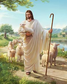 a painting of jesus holding a lamb in front of some sheep on the side of a road