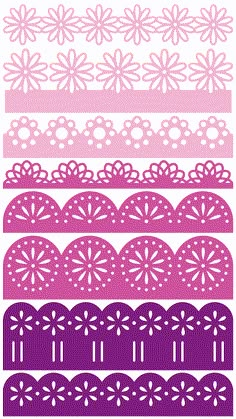 pink and purple paper cut outs with white flowers on the top, one in the middle