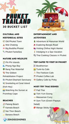 Discover the ultimate Phuket bucket list with our vibrant infographic! Explore top attractions like the stunning Phi Phi Islands, the majestic Big Buddha, and the lively Bangla Road. Delight in local dishes such as Pad Thai and Tom Yum Goong, and unwind at popular cafes like Bookhemian and Tunk-Ka Cafe in Phuket, Thailand. Whether you're seeking adventure at Hanuman World, relaxation on Patong Beach, or a cultural experience at Wat Chalong, our guide covers all the essential things to do in Phuket. Perfect for first-time visitors or seasoned travelers, this pin will help you make the most of your Thai getaway. Phuket Thailand Bucket List, Phuket Bucket List, Things To Do In Krabi Thailand, Things To Do In Phuket Thailand, Phuket Thailand Aesthetic, Phuket Phi Phi Island, Phuket Thailand Beach, Thailand Travel Aesthetic, Phuket Travel Guide