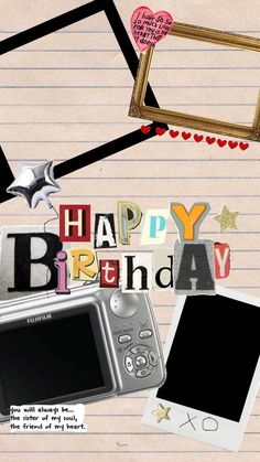 an image of a birthday card with pictures and photos on it, including a camera