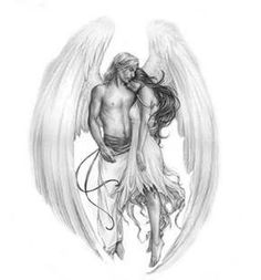 an angel and a demon hugging each other with their arms wrapped around one another's shoulders