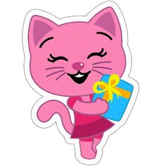 a pink cat with a present in its hand