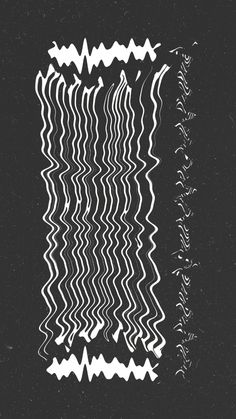 an abstract black and white poster with wavy lines on the bottom, in front of a dark background