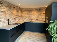 a kitchen with black cabinets and brick wall behind the countertop, along with a potted plant