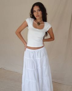 Off White Cap Sleeve Top | Bovillo – motelrocks-com-us White Skirt Outfits, Sleep Eye, Maxi Skirt Outfits, Rib Fabric, Lettuce Hem, Cap Sleeve Top, Skirt Fits, White Outfits, Looks Vintage