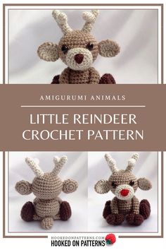 the amigurmi animals are crocheted in different sizes and colors, with text overlay that says little reindeer crochet pattern