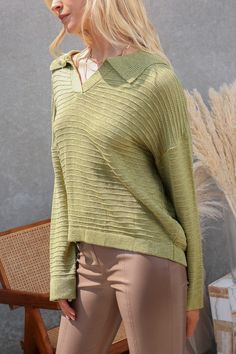 LONG SLEEVE COLLARED VNECK SWEATER TOP