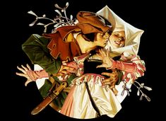 a painting of two people dressed as pirates kissing each other and holding an umbrella over their heads