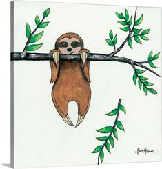 a drawing of a sloth hanging on a branch with leaves around it's neck