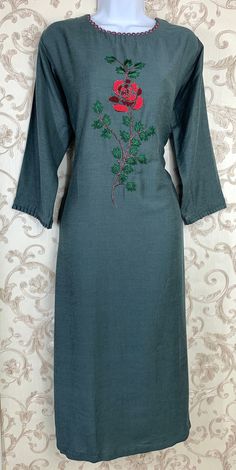 "Beautiful, lightweight and soft rayon-cotton mix top / kurti for women. Deep rusted grey tunic in thread and sequin work with a beautiful rose design. Goes very well with leggings/jeans. Perfect for spring/summer! Measurements: Chest:43\" Length:45\"" Indian Dress For Women, Indian Dresses For Women, Pearl Mala, Kurti For Women, Indian Kurti, Machine Work, Gray Tunic, Fusion Wedding, Indian Dress