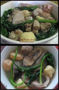 two pictures of meat and vegetables in a white bowl