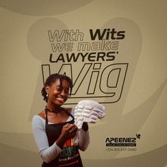 a woman is holding some white objects in front of a sign that says with wits we make lawers avg