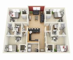 an overhead view of a three bedroom apartment