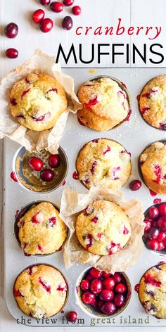 cranberry muffins on a baking sheet with the title overlay reading cranberry muffins