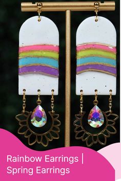 the rainbow earrings are hanging from a rack