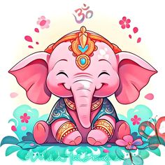 an elephant sitting on top of a blue and pink flower covered ground with the words om shanti written below it