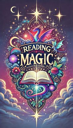 an open book with the words reading magic written on it and stars in the background