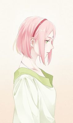 an anime character with pink hair and green eyes