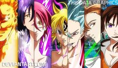 six anime characters with different colored hair