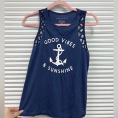 Cotton And Great Condition Blue Cotton Tank Top For Beach Season, Casual Blue Tank Top For Vacation, Casual Blue Tank Top For Beach Season, Navy Sleeveless Top For Vacation, Navy Tops For Beach Season, Navy Beach Tops For Beach Season, Blue Graphic, Graphic Tank, Color Blue