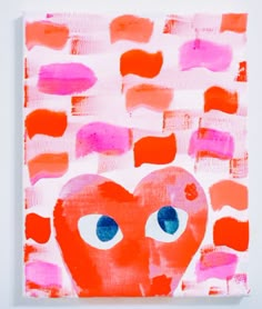 an orange heart with blue eyes on a pink and red background is featured in this art project